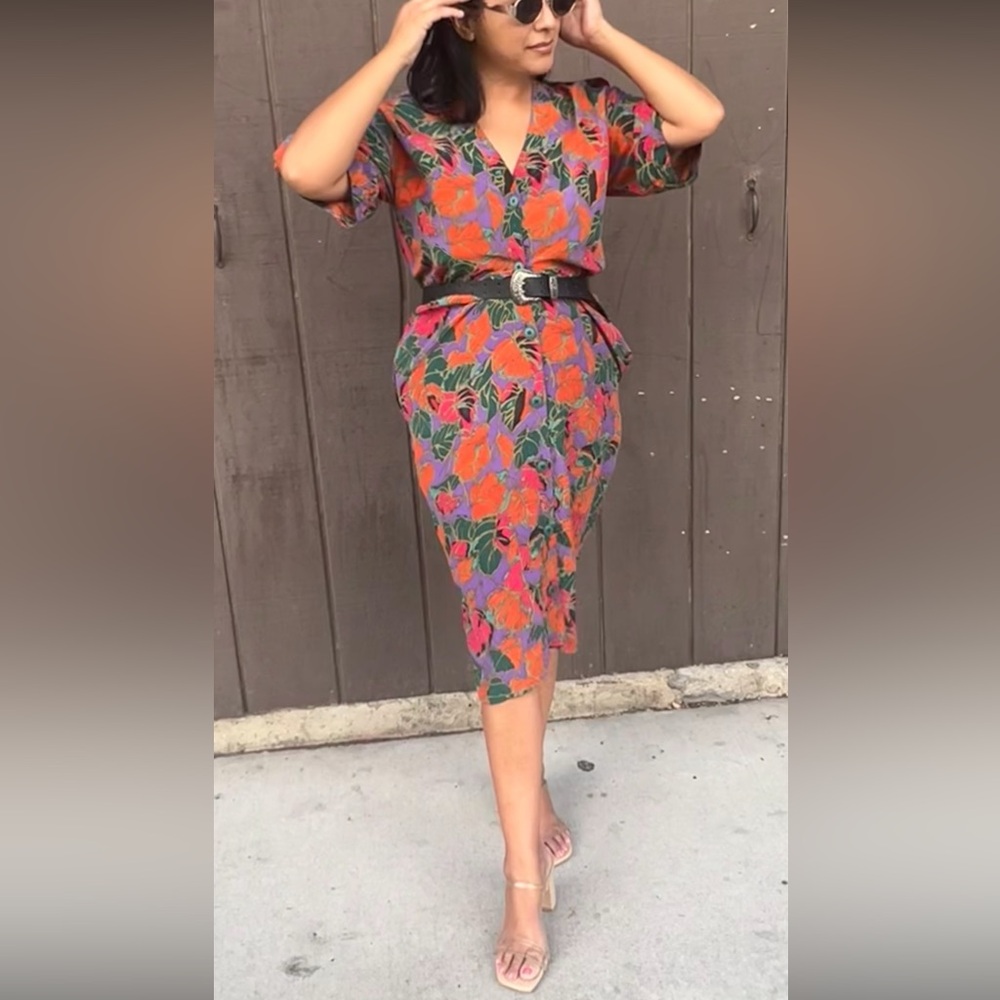 100% Silk 80’s vintage Multicolor Floral Midi Dress